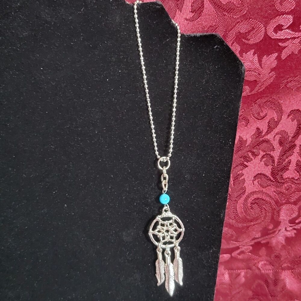 Silver & Turquoise Dream Catcher Pendant On 8" Bead Clasp Chain